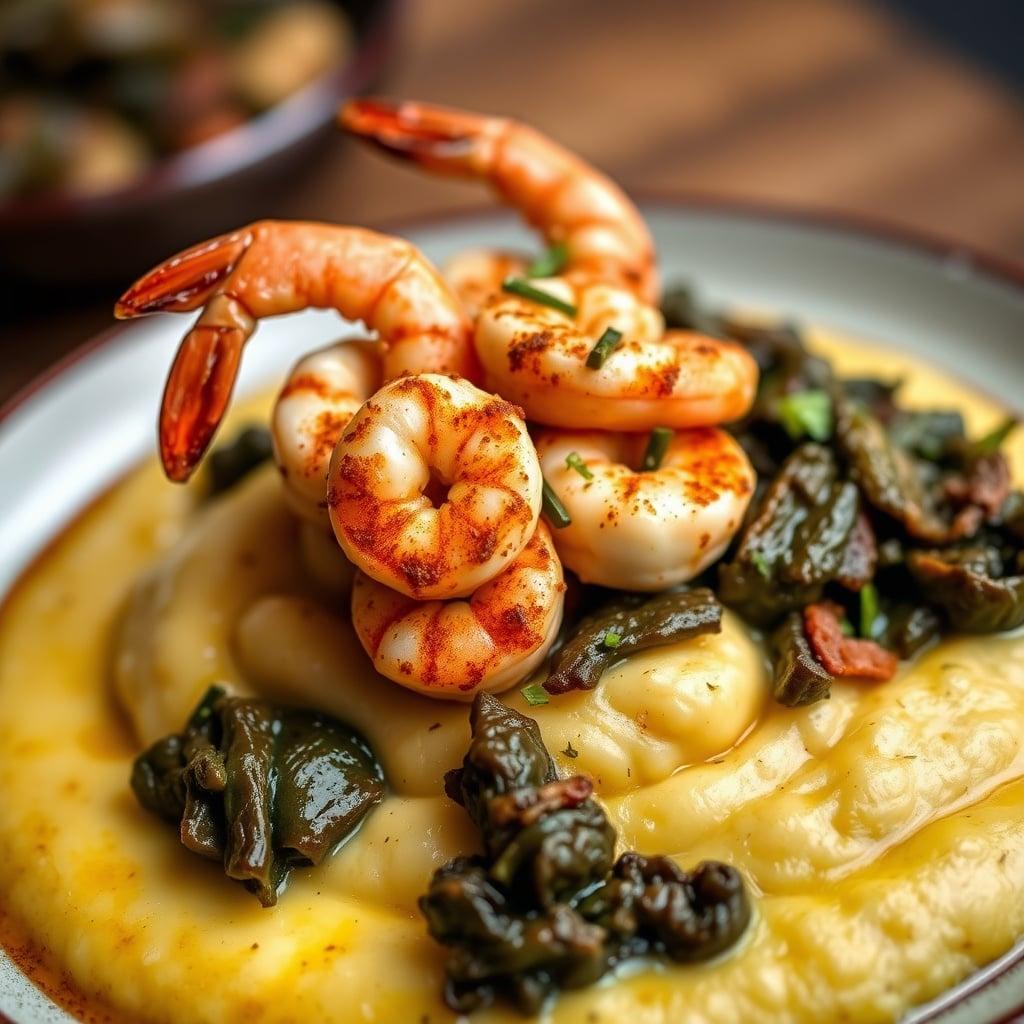 Cajun-Spiced Shrimp and Smoked Gouda Grits with Bacon-Braised Collard Greens Cajun-Spiced Shrimp and Smoked Gouda Grits with Bacon-Braised Collard Greens