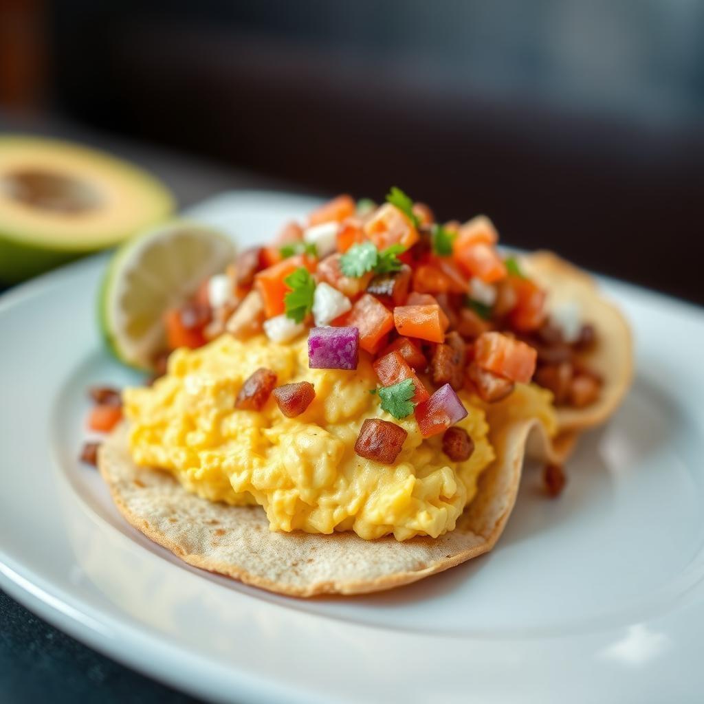 Breakfast Taco Bar with Scrambled Eggs and Toppings