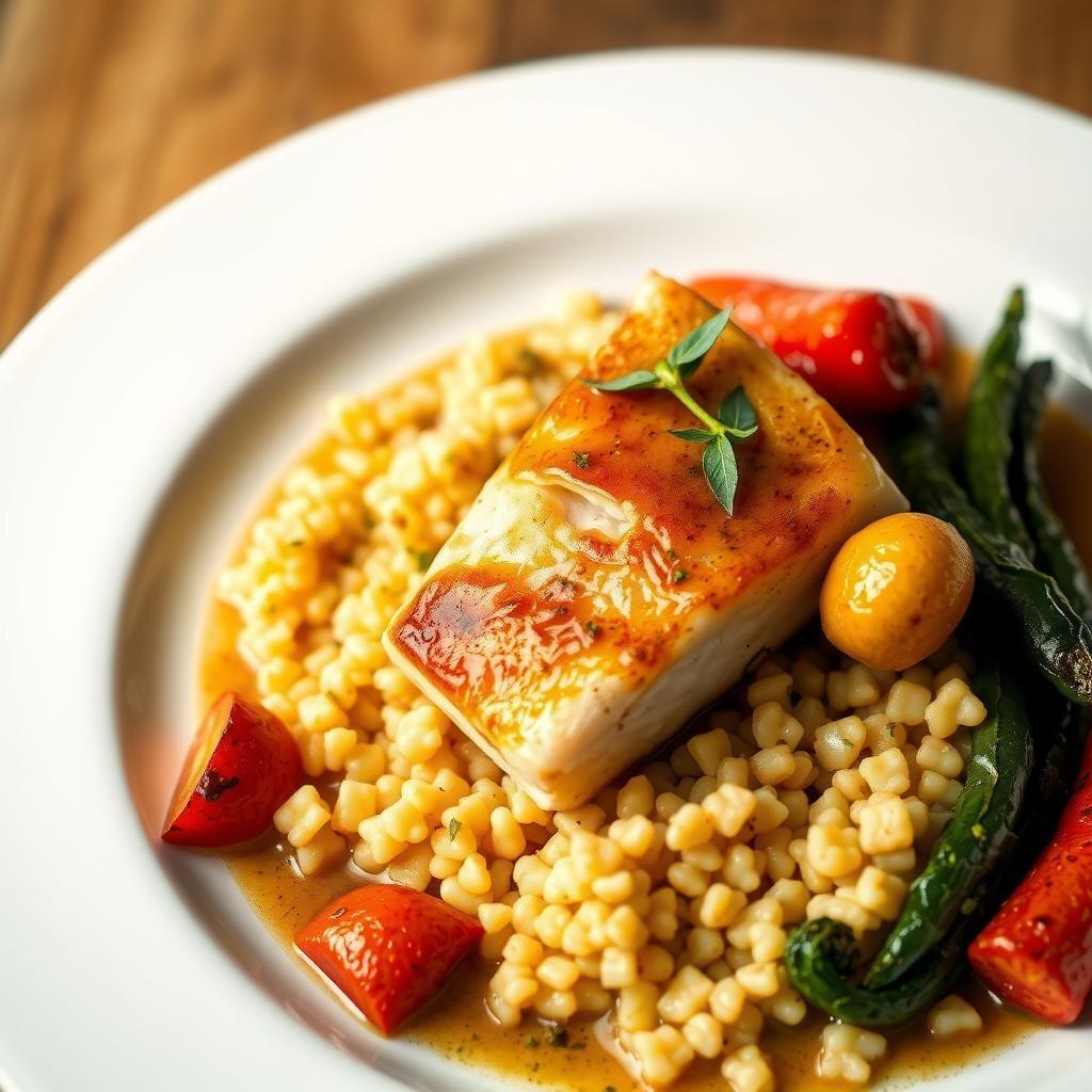Balsamic Glazed Cod with Herbed Couscous & Roasted Vegetables