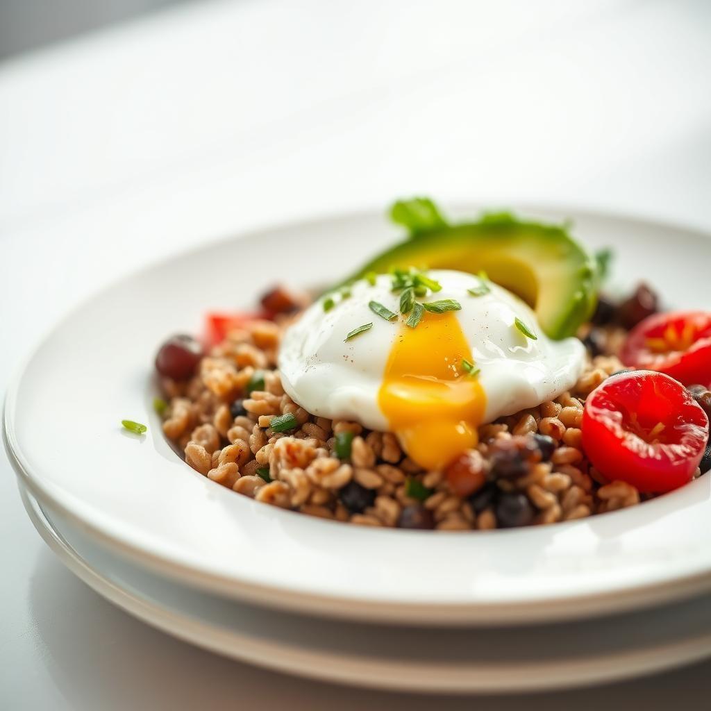 Whole Grain Breakfast Bowl with Poached Eggs and Avocado Whole Grain Breakfast Bowl with Poached Eggs and Avocado