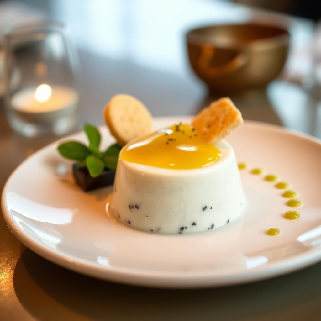 Black Sesame Panna Cotta with Yuzu Gel and Matcha Shortbread