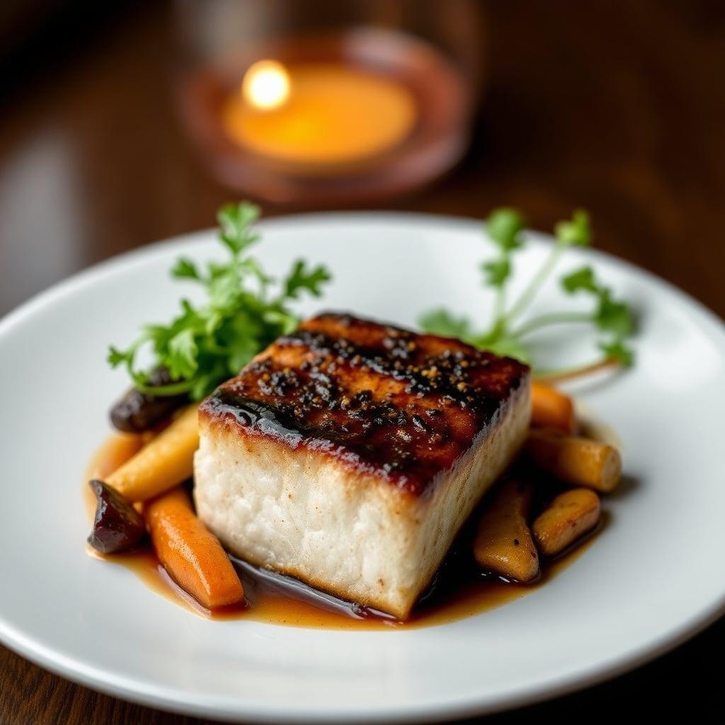 Miso-Glazed Black Cod with Roasted Root Vegetables and Sesame Greens Miso-Glazed Black Cod with Roasted Root Vegetables and Sesame Greens
