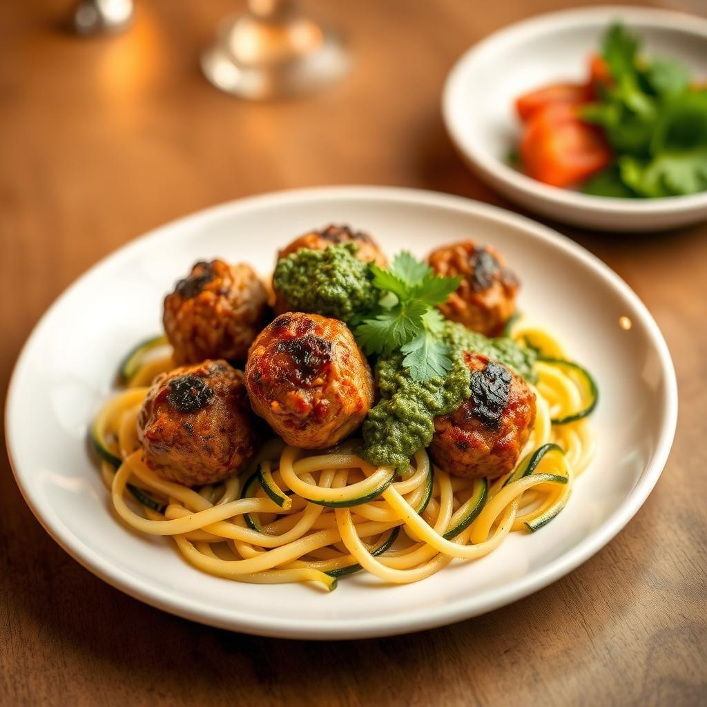 Air Fryer Turkey Meatballs with Zucchini Noodles and Pesto