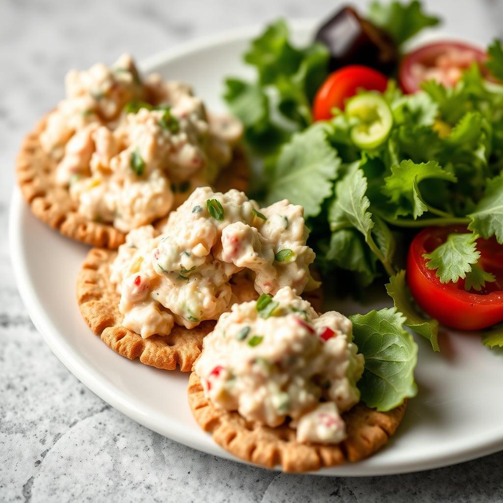 Tuna Salad on Whole Grain Crackers with Side Salad Tuna Salad on Whole Grain Crackers with Side Salad