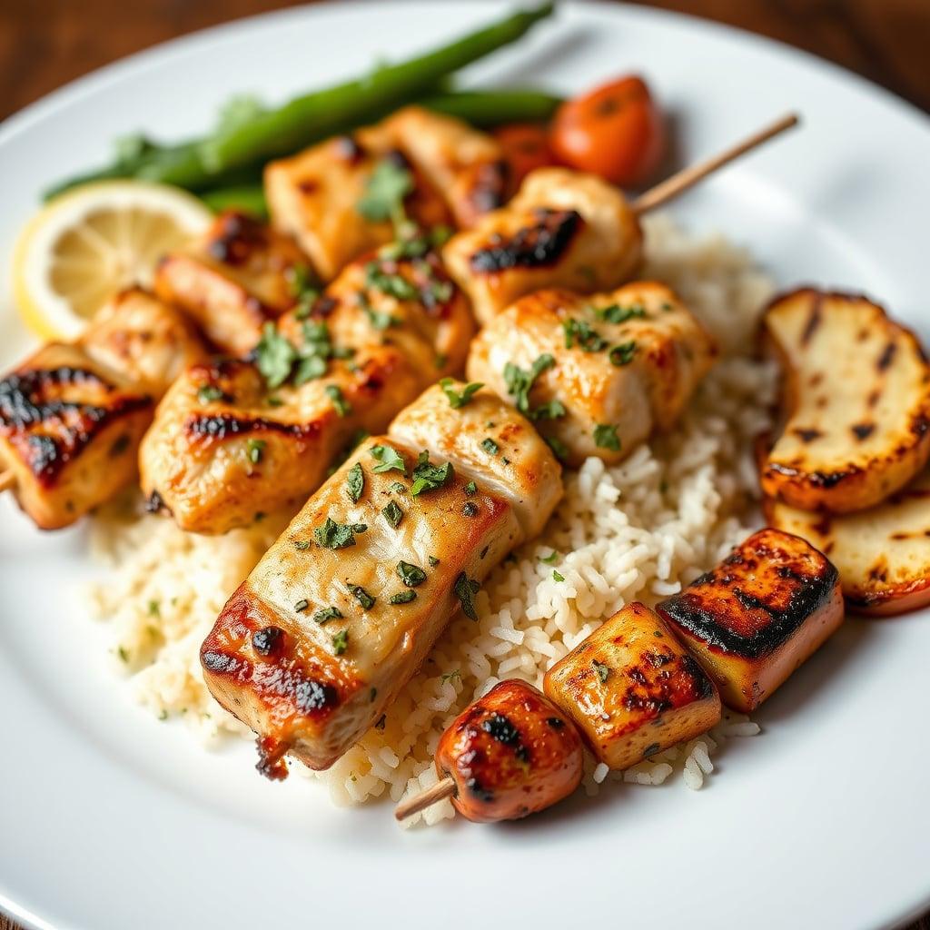Herb-Roasted Chicken Skewers with Lemon Rice and Grilled Vegetables Herb-Roasted Chicken Skewers with Lemon Rice and Grilled Vegetables