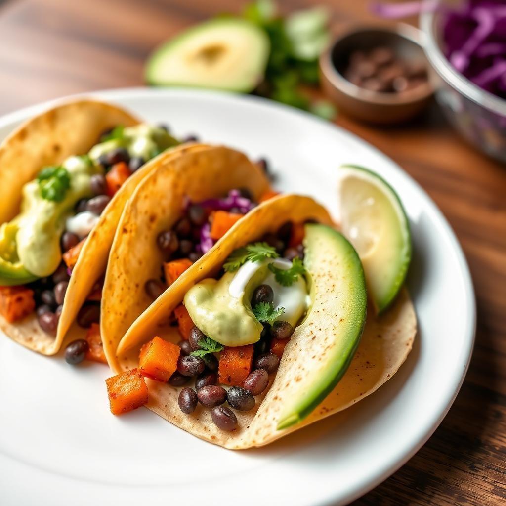 Smoky Black Bean & Sweet Potato Tacos with Avocado Crema Smoky Black Bean & Sweet Potato Tacos with Avocado Crema