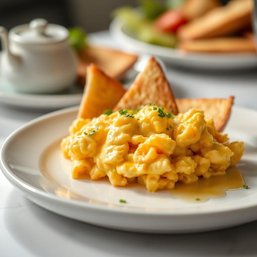 Cheesy Scrambled Eggs with Buttered Toast Triangles