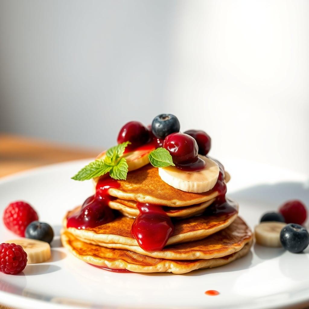 Peanut Butter Banana Protein Pancakes with Berry Compote Peanut Butter Banana Protein Pancakes with Berry Compote