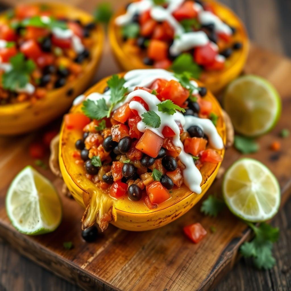 Tex-Mex Stuffed Spaghetti Squash with Black Bean Salsa and Lime Crema