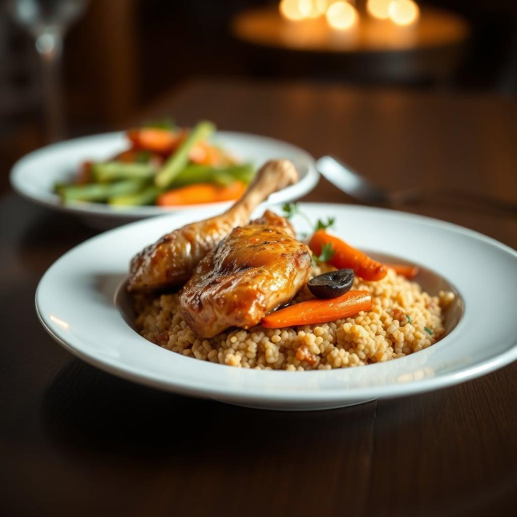 Braised Chicken Thighs with Harissa Bulgur Pilaf and Roasted Carrots