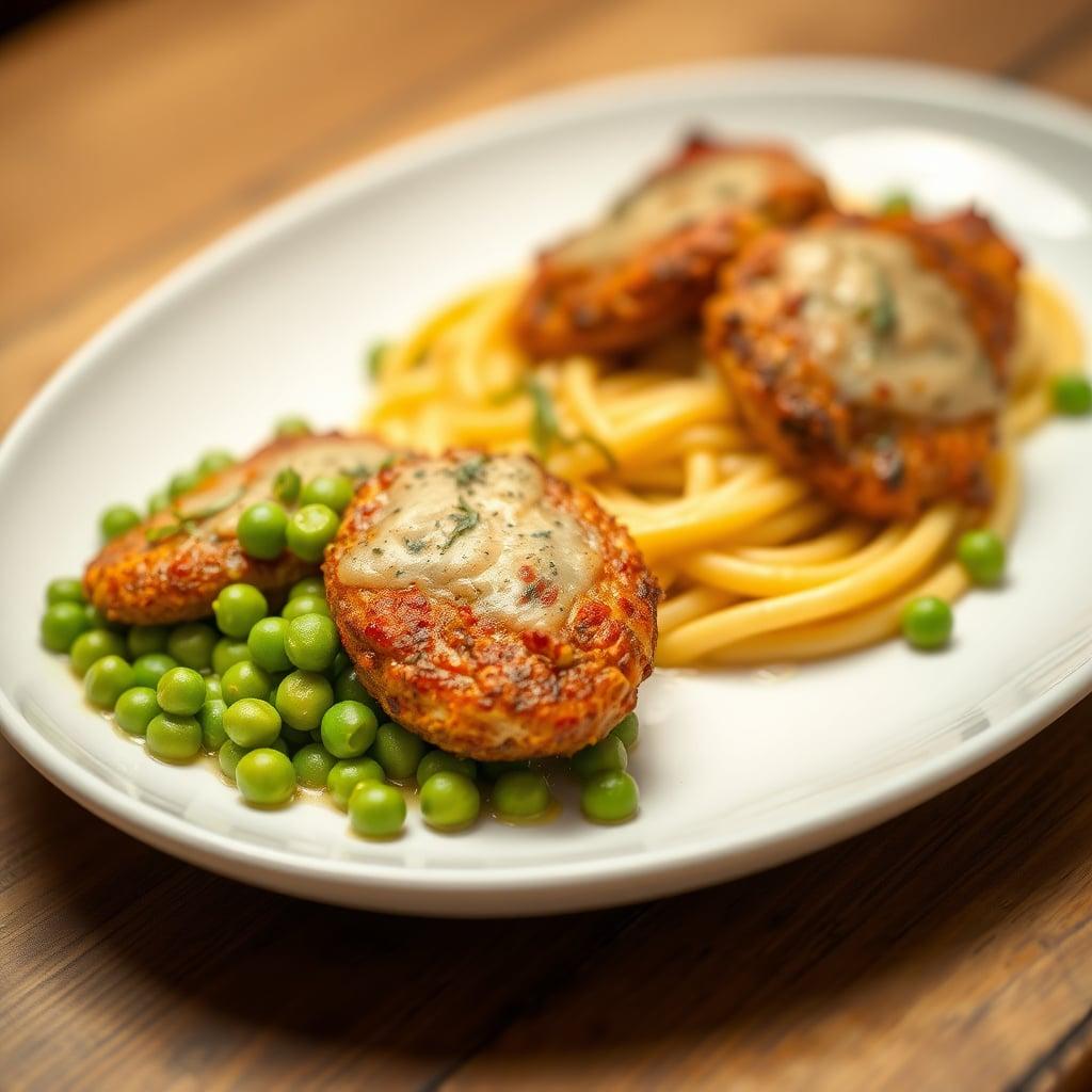 Crispy Pork Medallions with Creamy Thyme Fettuccine and Buttered Peas Crispy Pork Medallions with Creamy Thyme Fettuccine and Buttered Peas
