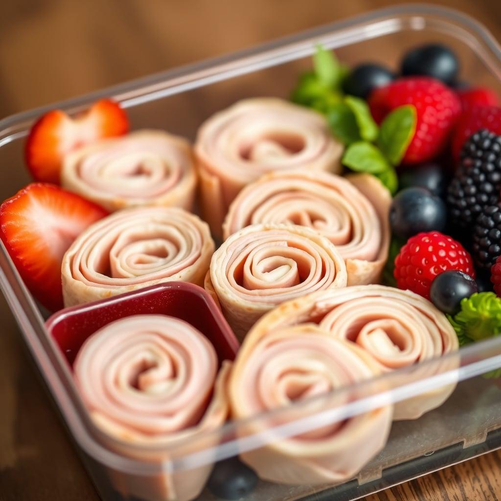 Turkey and Provolone Pinwheels with Soft Fruit Turkey and Provolone Pinwheels with Soft Fruit