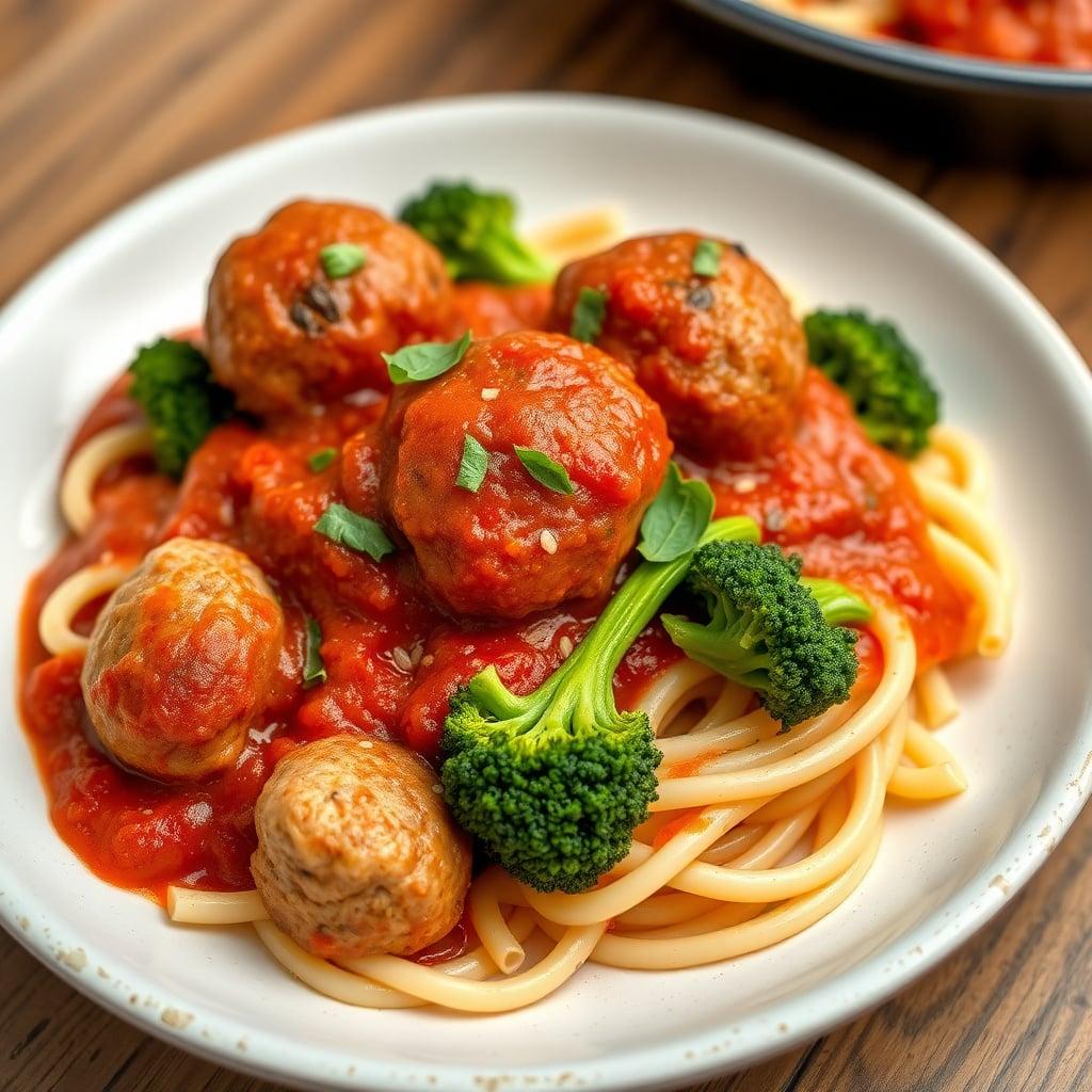 Leftover Baked Turkey Meatballs in Basil Marinara over Penne with Sautéed Broccoli Leftover Baked Turkey Meatballs in Basil Marinara over Penne with Sautéed Broccoli