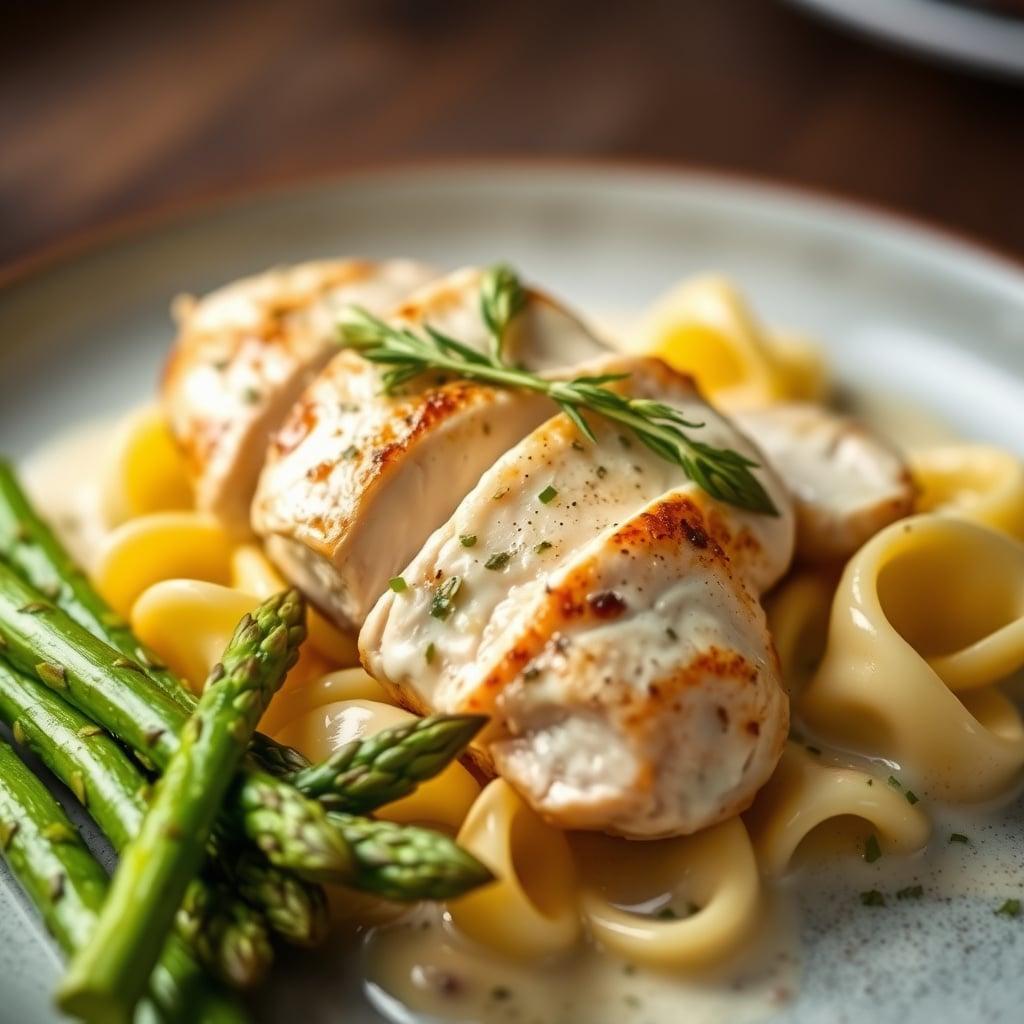 Pan-Seared Chicken Breasts with Creamy Garlic Tortellini and Roasted Asparagus
