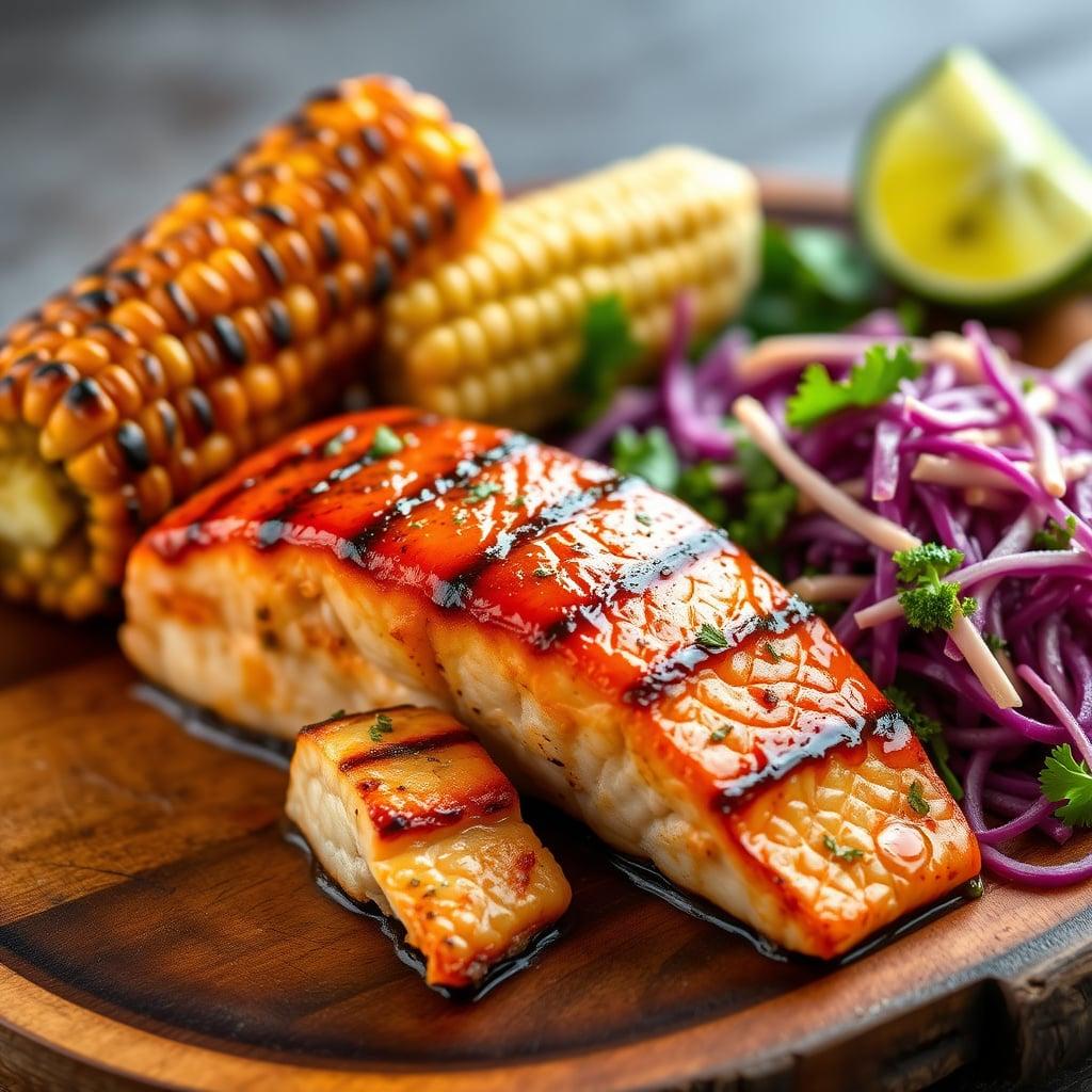 Smoky Chipotle-Honey Grilled Salmon with Charred Corn on the Cob and Tangy Lime Slaw Smoky Chipotle-Honey Grilled Salmon with Charred Corn on the Cob and Tangy Lime Slaw