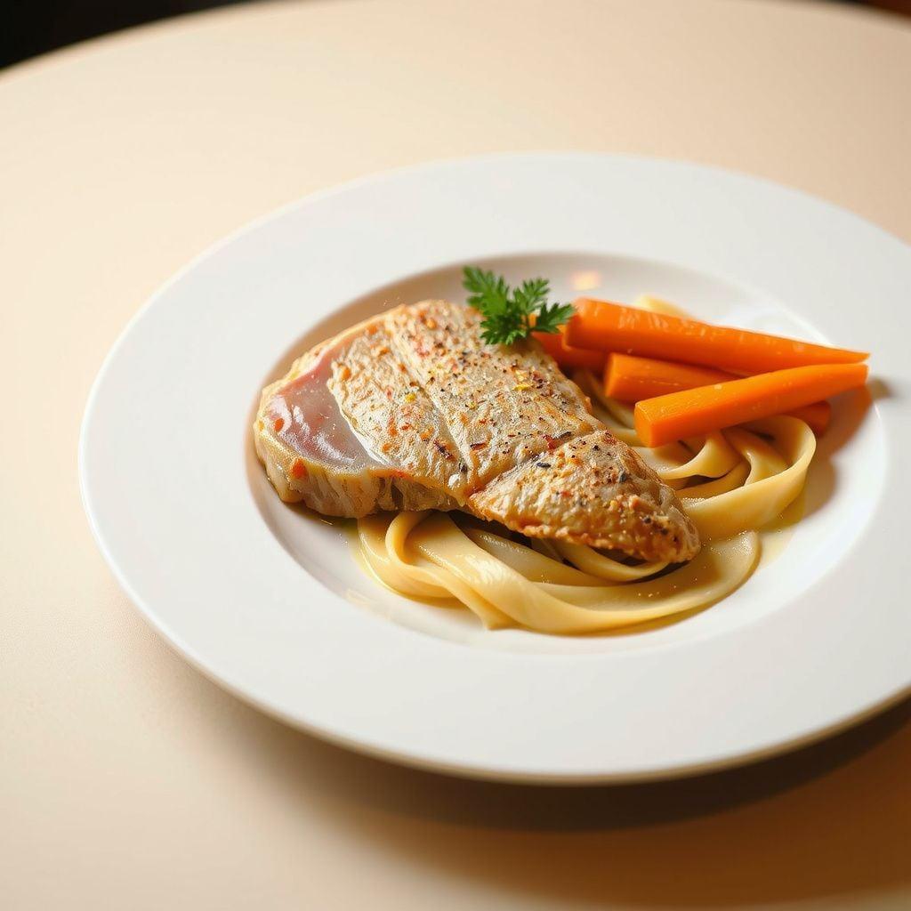 Quick Pork Schnitzel with Buttered Egg Noodles and Carrots Quick Pork Schnitzel with Buttered Egg Noodles and Carrots