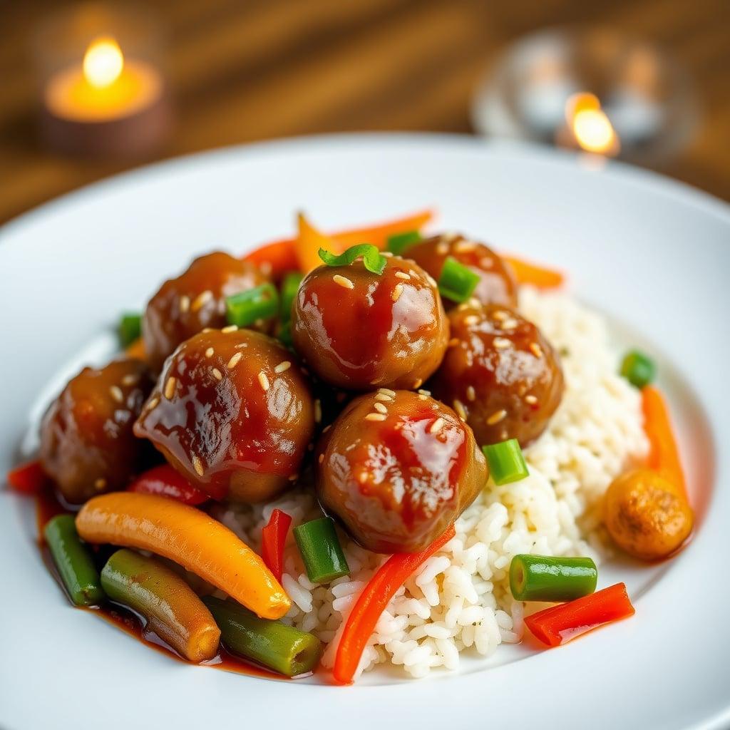 Sweet and Sour Asian Pork Meatballs with Sesame Rice and Stir-Fried Vegetables Sweet and Sour Asian Pork Meatballs with Sesame Rice and Stir-Fried Vegetables