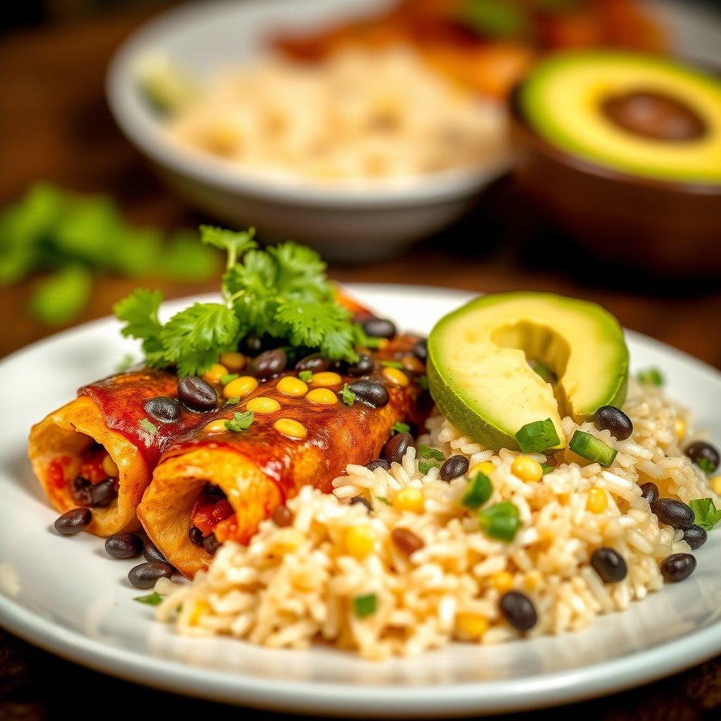 Black Bean and Corn Enchiladas with Cilantro-Lime Rice and Avocado Salad