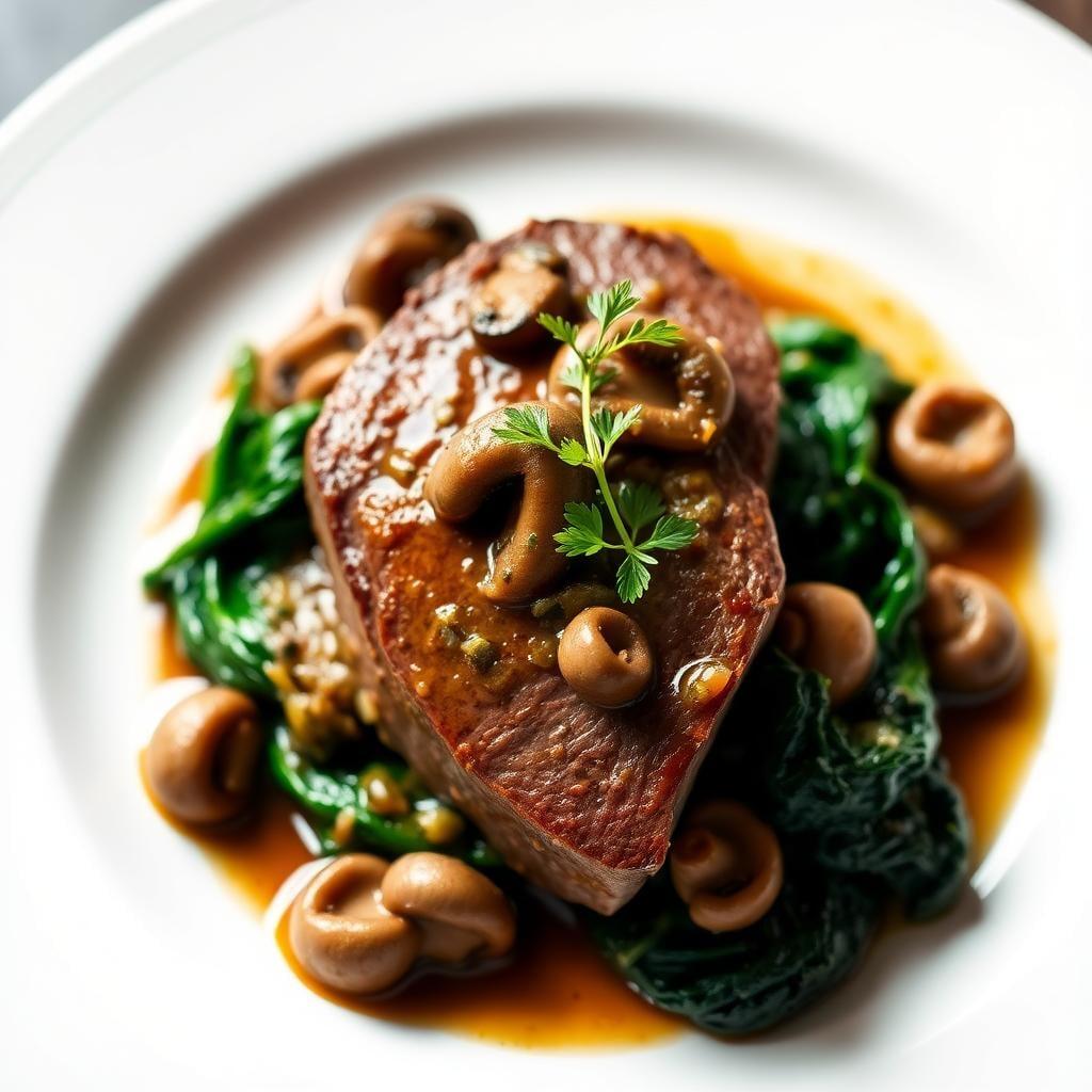 Beef Tenderloin with Mushroom Ragout and Wilted Spinach