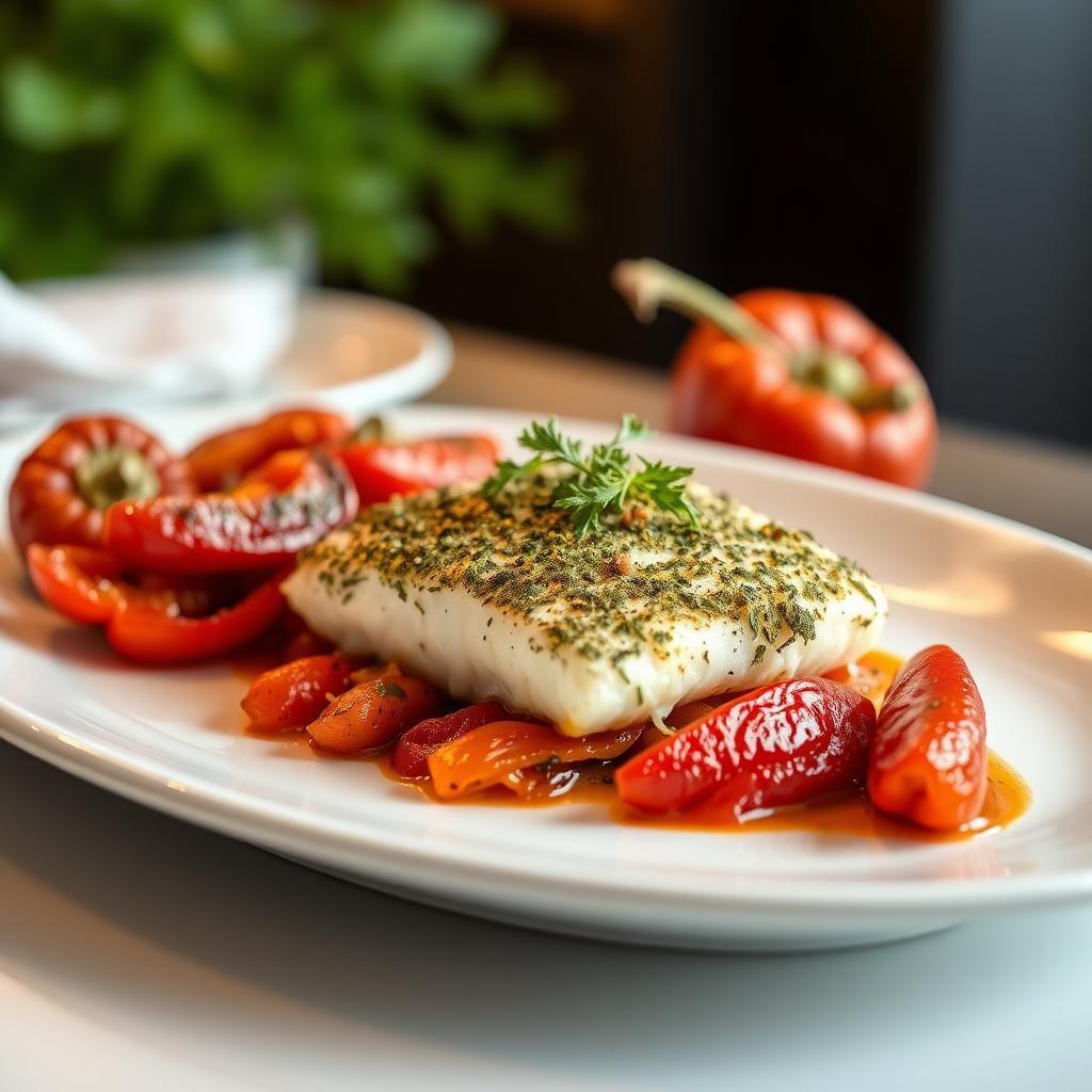 Herb-Crusted Baked Cod with Roasted Bell Peppers Herb-Crusted Baked Cod with Roasted Bell Peppers
