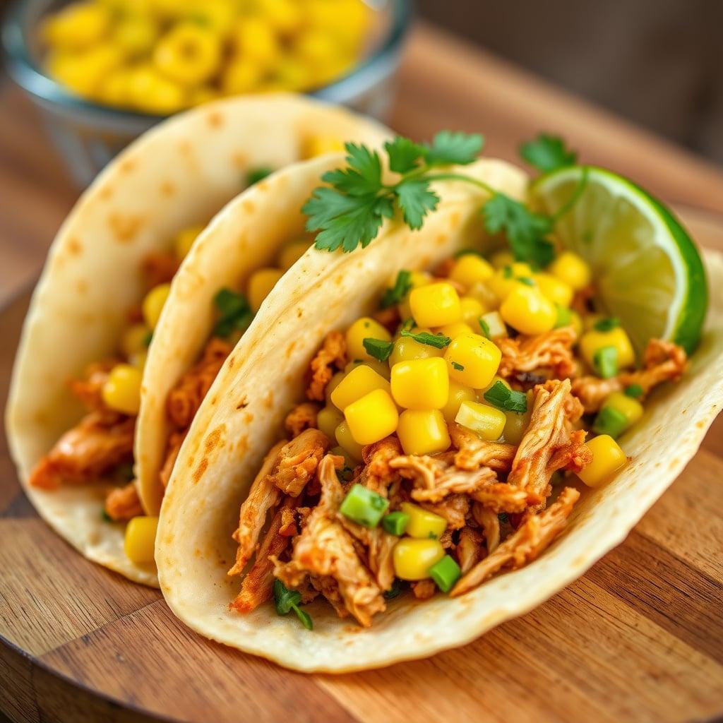 Pulled Chicken Tacos with Mild Corn Salsa Pulled Chicken Tacos with Mild Corn Salsa