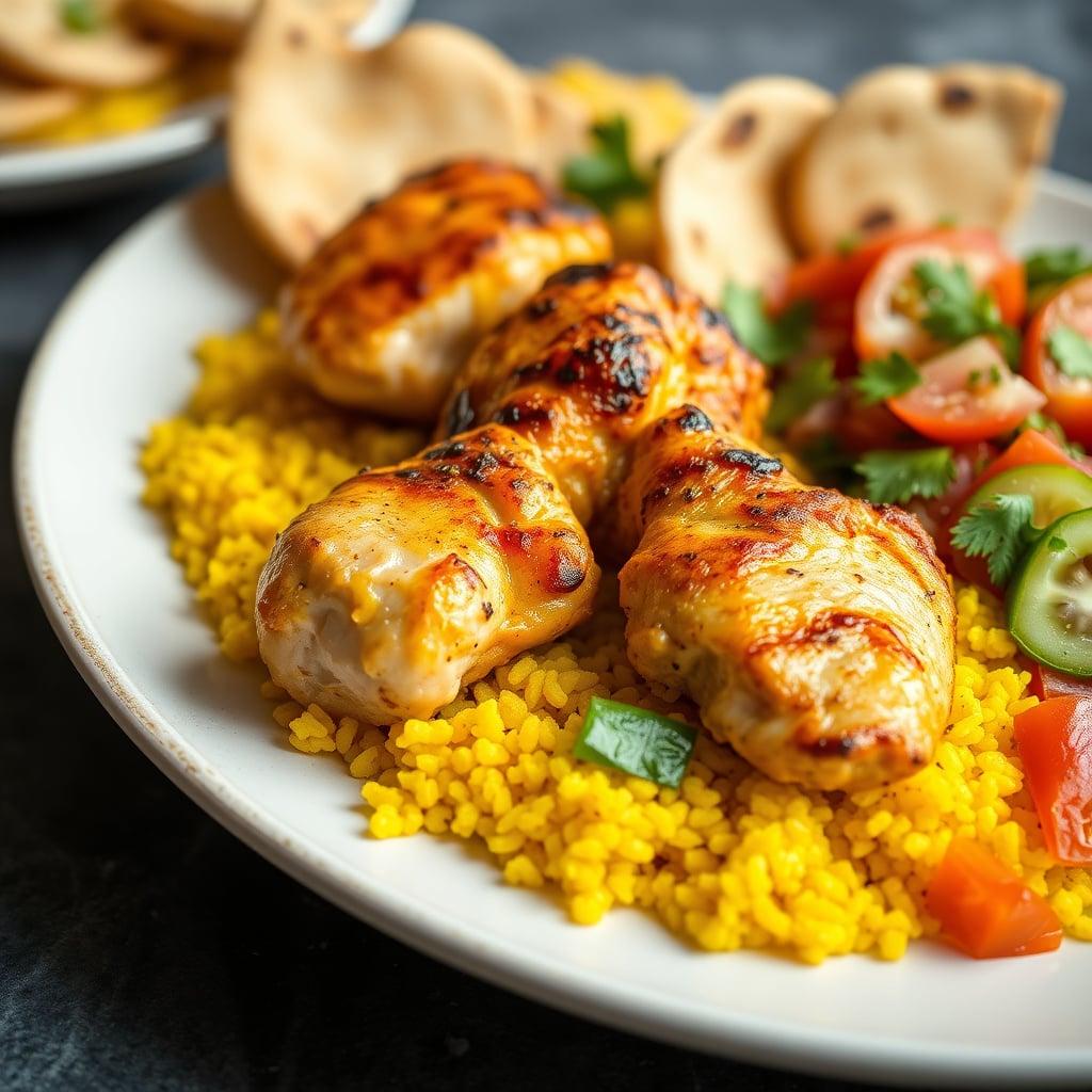 Yogurt-Marinated Chicken Shish Taouk with Saffron-Turmeric Rice and Zesty Fattoush Salad Yogurt-Marinated Chicken Shish Taouk with Saffron-Turmeric Rice and Zesty Fattoush Salad