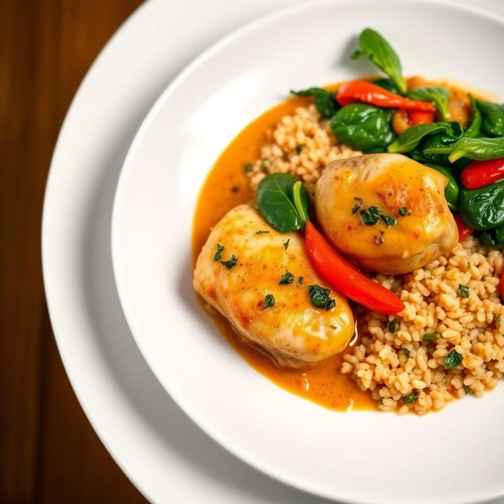 Braised Skin-On Chicken Thighs in Creamy Paprika Sauce with Bulgur and Baby Spinach