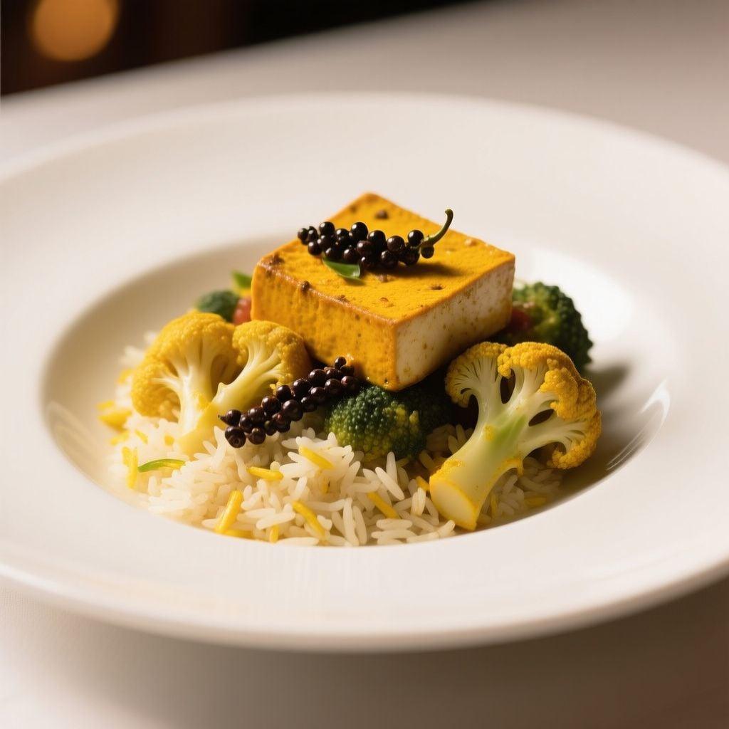South Indian Black Pepper Tofu with Turmeric Basmati Rice and Cauliflower South Indian Black Pepper Tofu with Turmeric Basmati Rice and Cauliflower