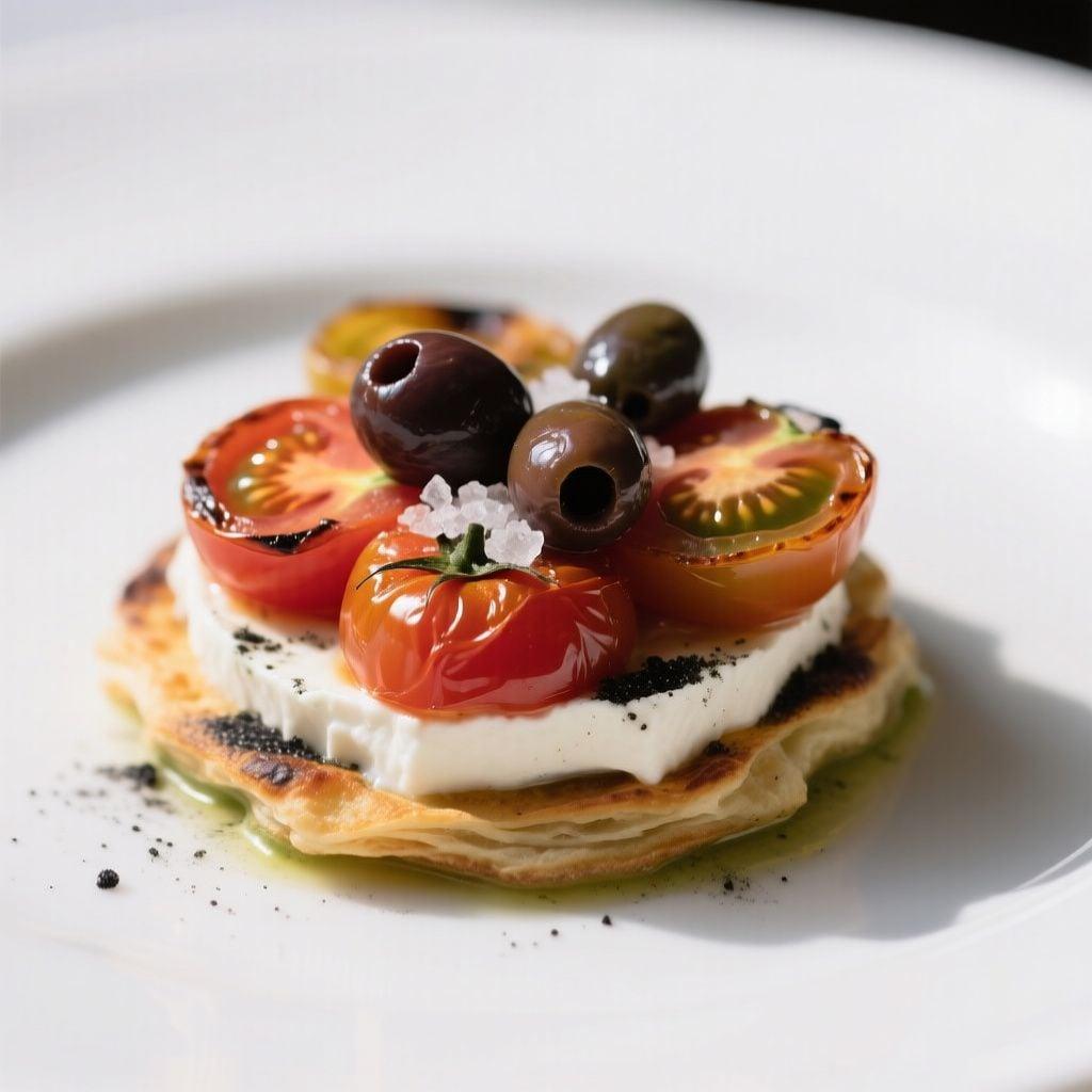 Heirloom Tomato & Whipped Feta Mille-Feuille with Black Olive Dust Heirloom Tomato & Whipped Feta Mille-Feuille with Black Olive Dust