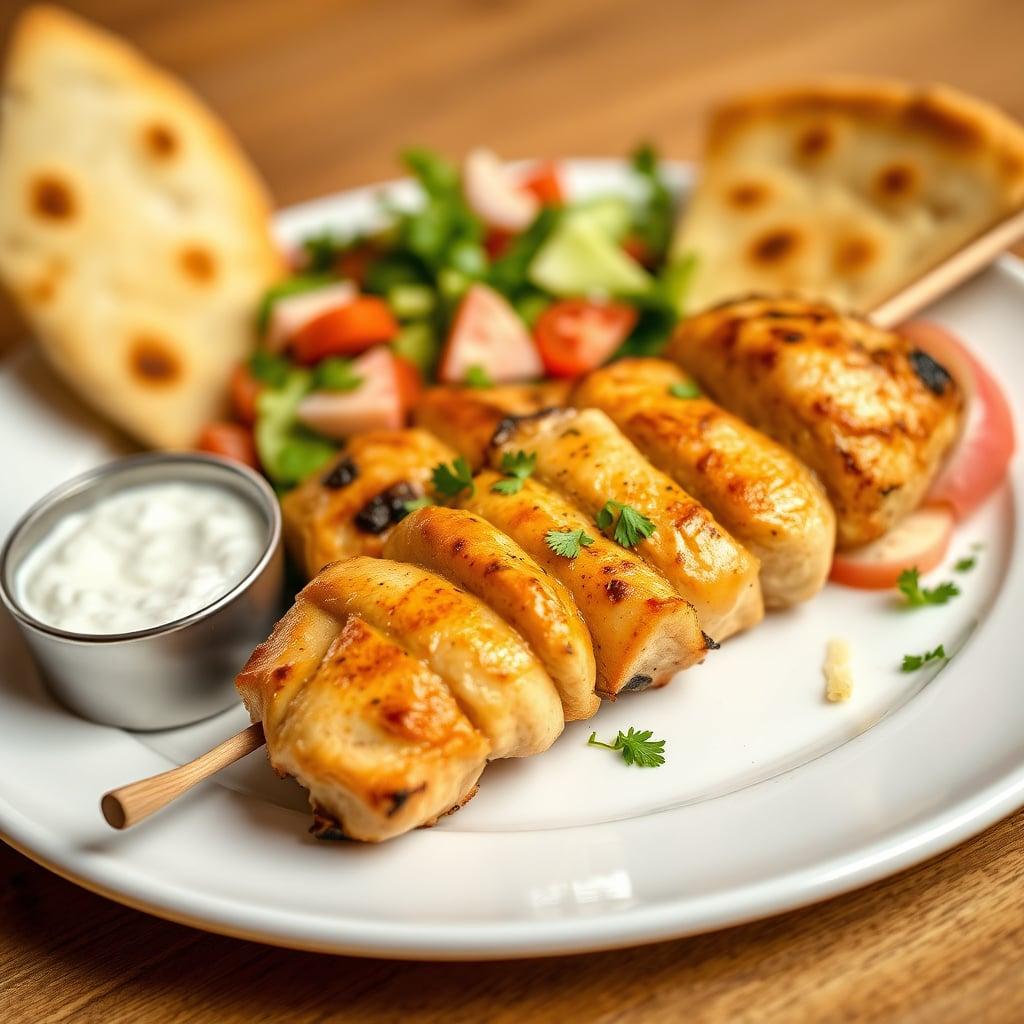 Greek-Style Chicken Souvlaki Platter with Homemade Tzatziki, Warm Naan Bread and Traditional Greek Salad Greek-Style Chicken Souvlaki Platter with Homemade Tzatziki, Warm Naan Bread and Traditional Greek Salad