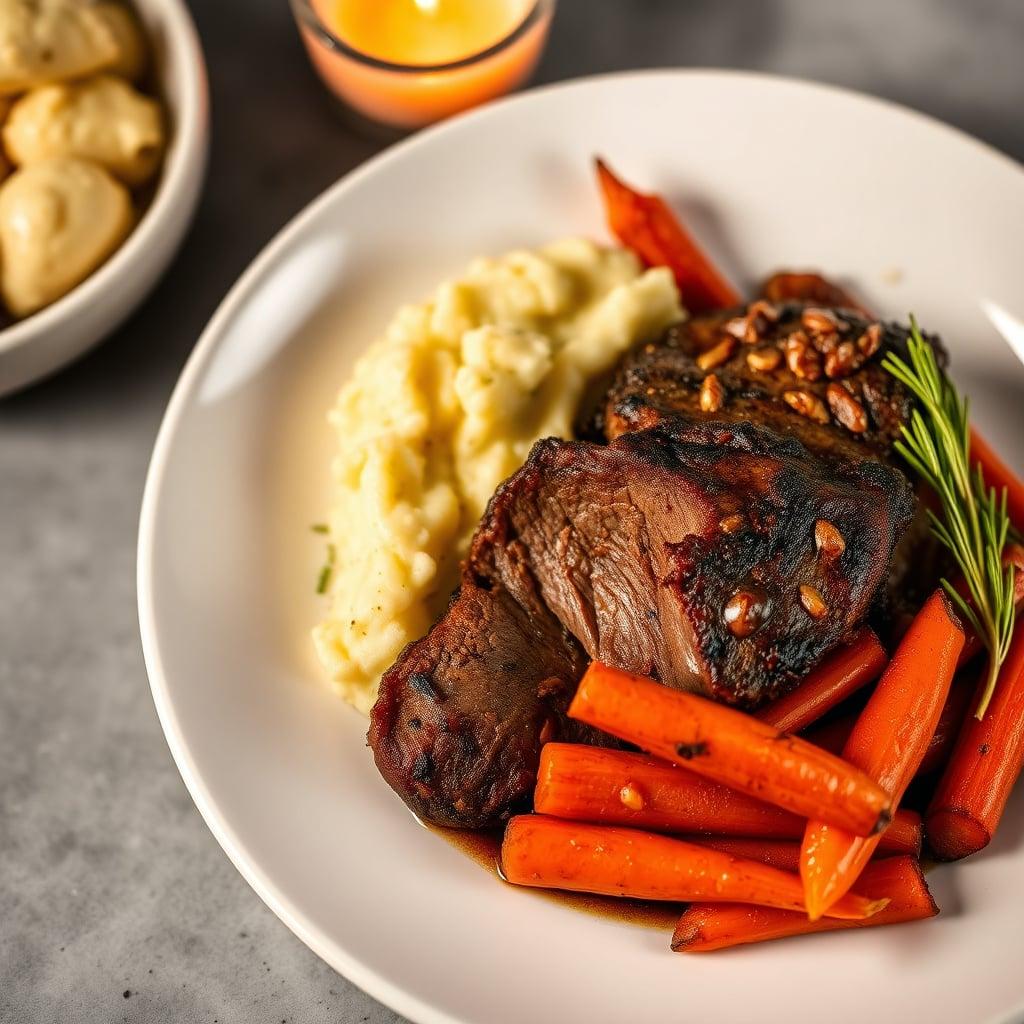 Slow-Cooker Coffee-Rubbed Brisket with Roasted Garlic Mashed Potatoes and Honey-Glazed Carrots Slow-Cooker Coffee-Rubbed Brisket with Roasted Garlic Mashed Potatoes and Honey-Glazed Carrots