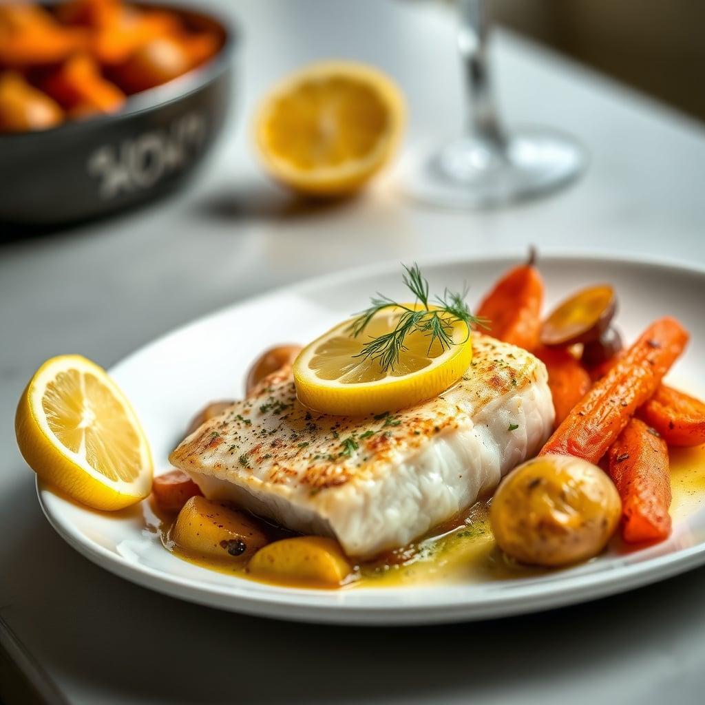 Lemon-Garlic Baked Cod with Herb Roasted Potatoes and Maple Glazed Carrots Lemon-Garlic Baked Cod with Herb Roasted Potatoes and Maple Glazed Carrots