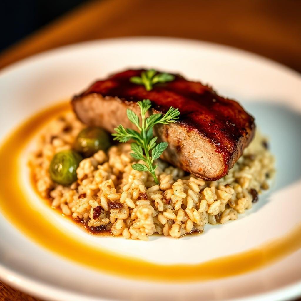 Cider-Glazed Roasted Pork Loin with Wild Rice Pilaf and Balsamic Brussels Sprouts