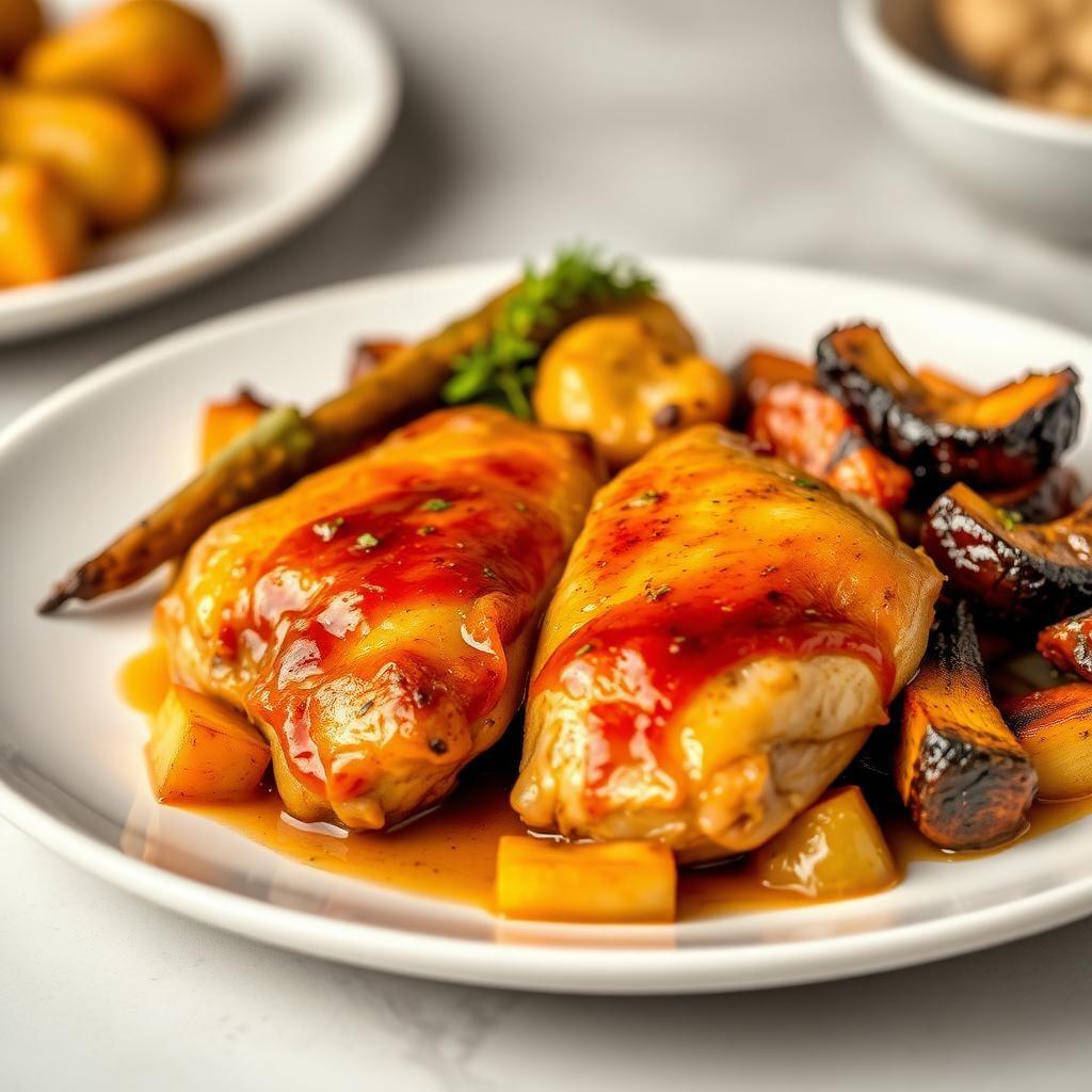 Honey-Garlic Glazed Chicken Thighs with Roasted Vegetables Honey-Garlic Glazed Chicken Thighs with Roasted Vegetables