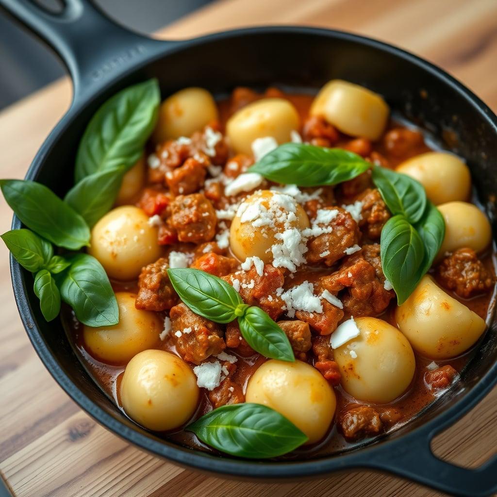 Skillet Gnocchi with Quick-Caramelized Beef Ragu and Fresh Basil Skillet Gnocchi with Quick-Caramelized Beef Ragu and Fresh Basil