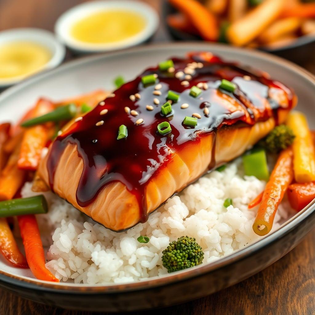 Quick Teriyaki Glazed Salmon with Stir-Fried Vegetables and Rice Quick Teriyaki Glazed Salmon with Stir-Fried Vegetables and Rice