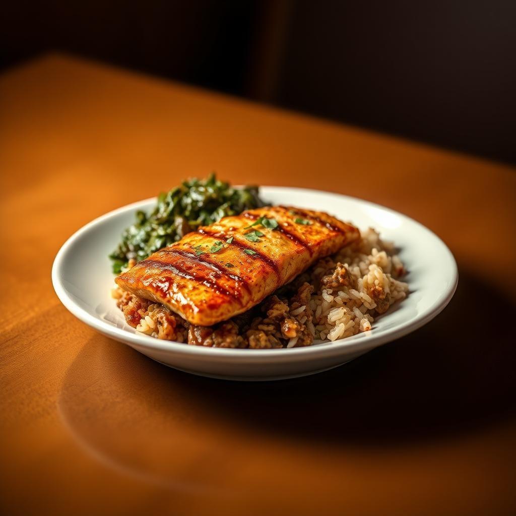 Cajun-Spiced Catfish with Dirty Rice and Collard Greens