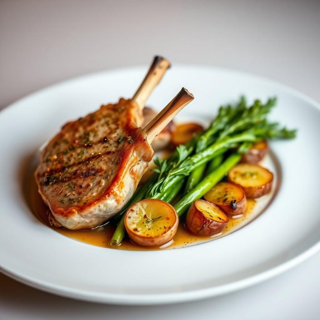 Herb-Brined Pork Chops with Charred Broccolini and Roasted Fingerling Potatoes Herb-Brined Pork Chops with Charred Broccolini and Roasted Fingerling Potatoes