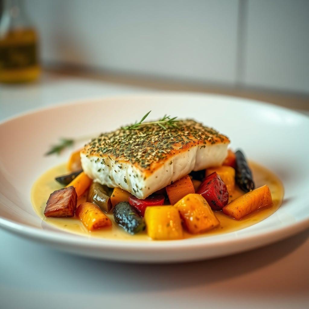 Herb-Crusted Baked Cod with Roasted Root Vegetables and Lemon-Caper Sauce Herb-Crusted Baked Cod with Roasted Root Vegetables and Lemon-Caper Sauce