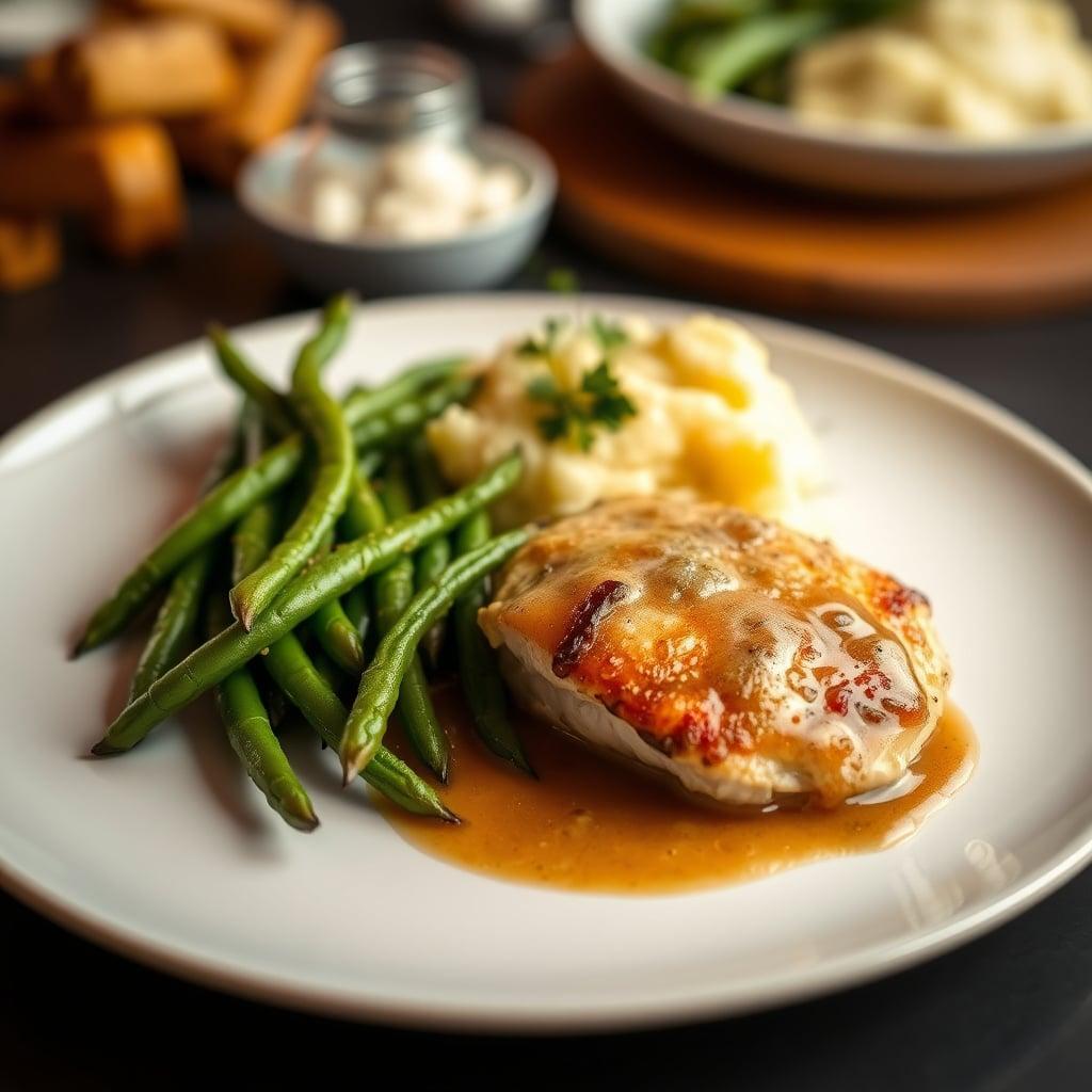 Pan-Seared Chicken Breasts with Sweet Onion Pan Gravy, Buttery Mashed Potatoes, and Roasted Green Beans Pan-Seared Chicken Breasts with Sweet Onion Pan Gravy, Buttery Mashed Potatoes, and Roasted Green Beans