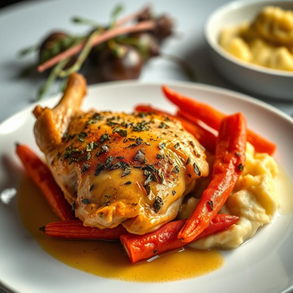 Herb-Roasted Chicken with Garlic Mashed Potatoes & Glazed Carrots Herb-Roasted Chicken with Garlic Mashed Potatoes & Glazed Carrots