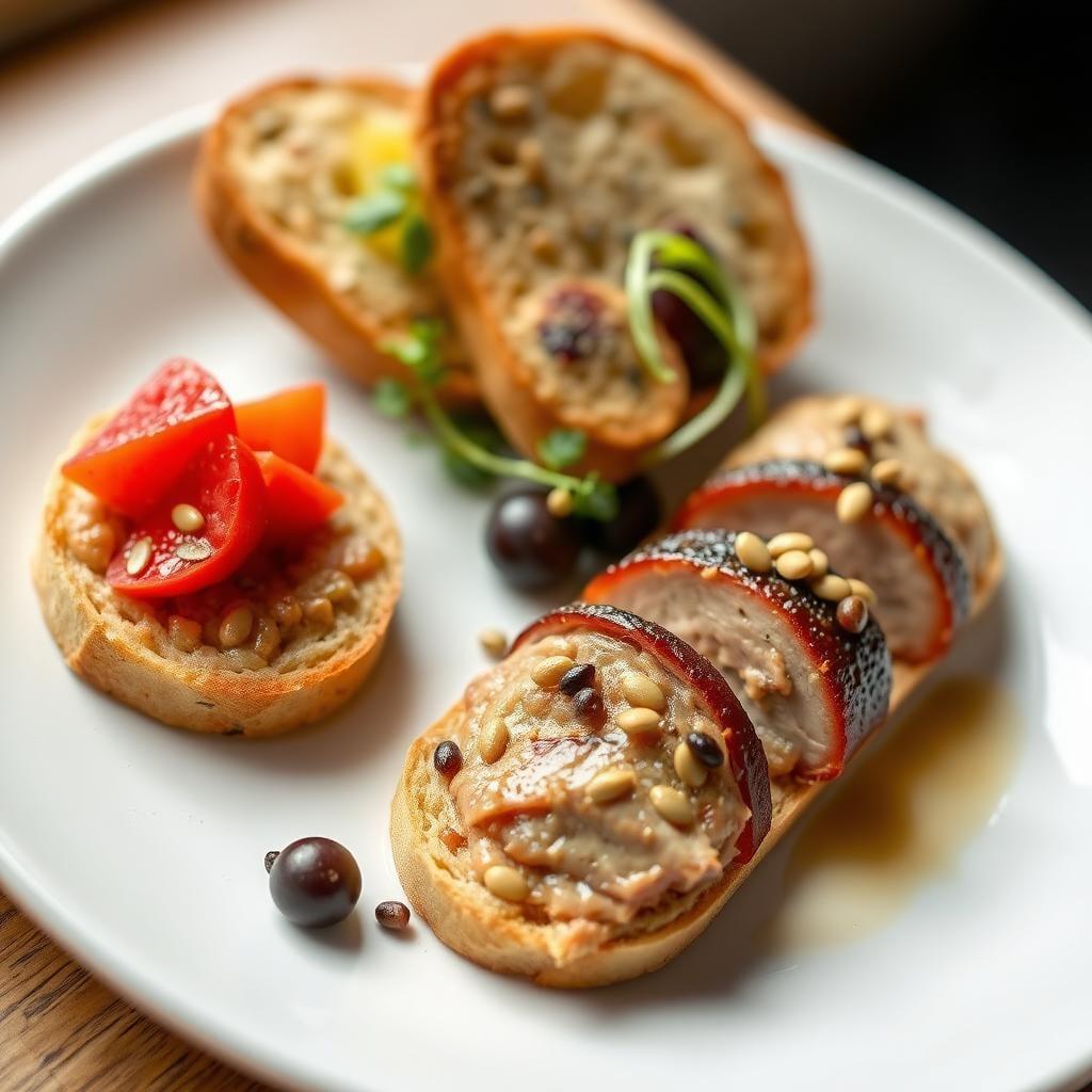 Confit Duck Leg Rillettes with Pickled Mustard Seeds, Compressed Fruit, and Artisanal Sourdough Crostini Confit Duck Leg Rillettes with Pickled Mustard Seeds, Compressed Fruit, and Artisanal Sourdough Crostini