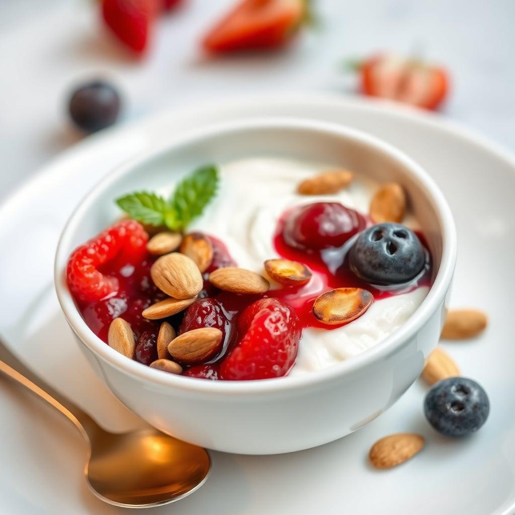 Vanilla Greek Yogurt Bowl with Toasted Almonds and Fresh Berry Compote Vanilla Greek Yogurt Bowl with Toasted Almonds and Fresh Berry Compote