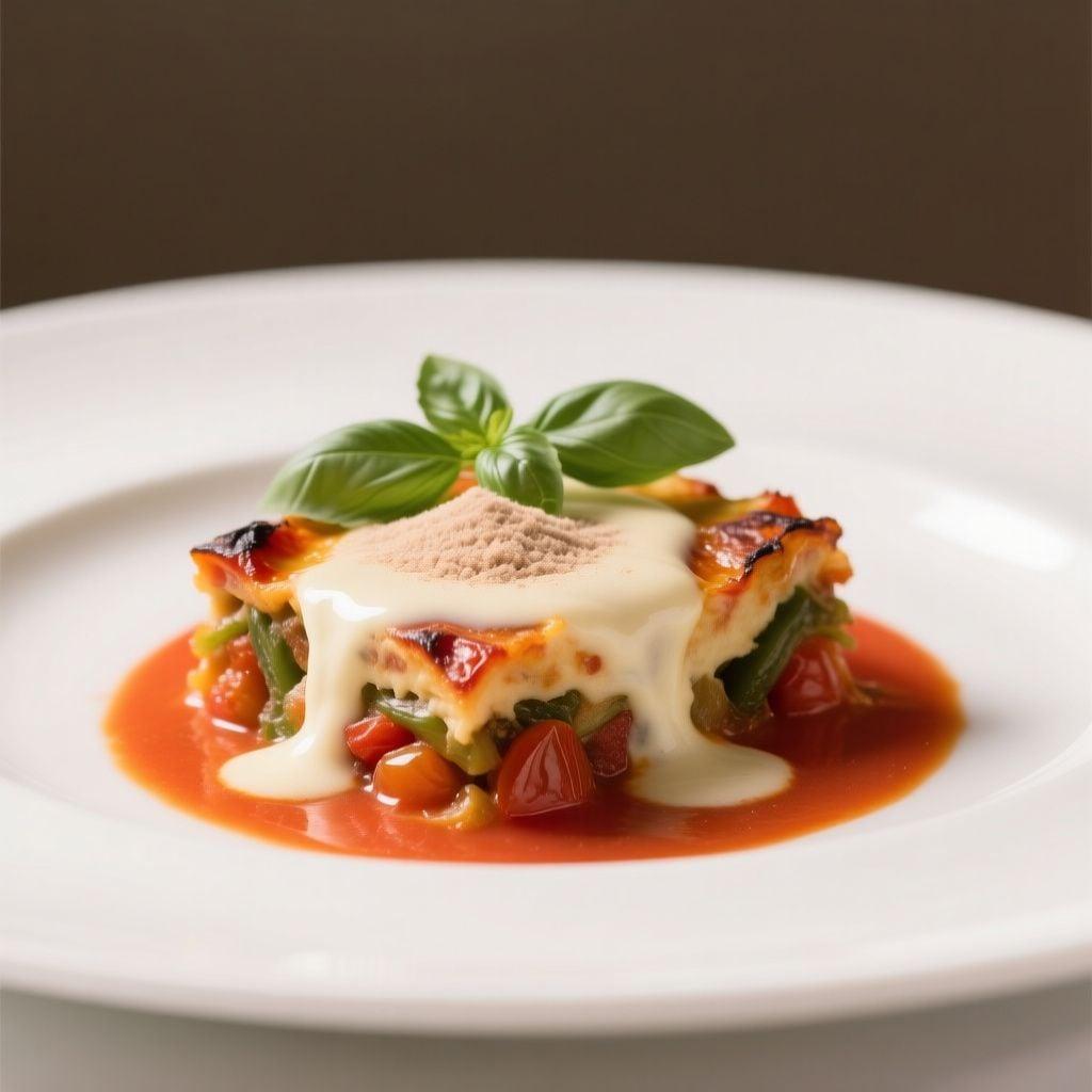 Vegetable Moussaka Entremet with Béchamel Glaze and Tomato Consommé Vegetable Moussaka Entremet with Béchamel Glaze and Tomato Consommé