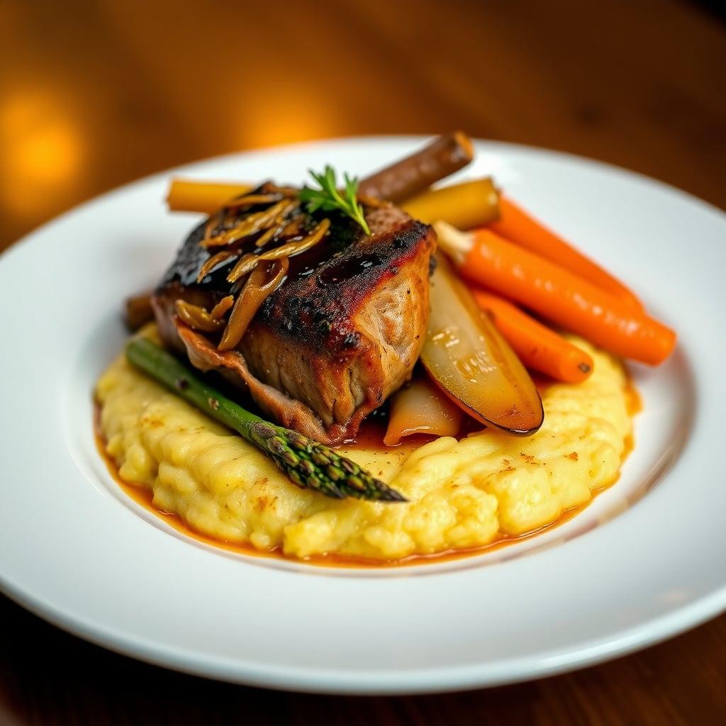 Balsamic Braised Pork Shoulder with Parmesan Polenta and Roasted Asparagus