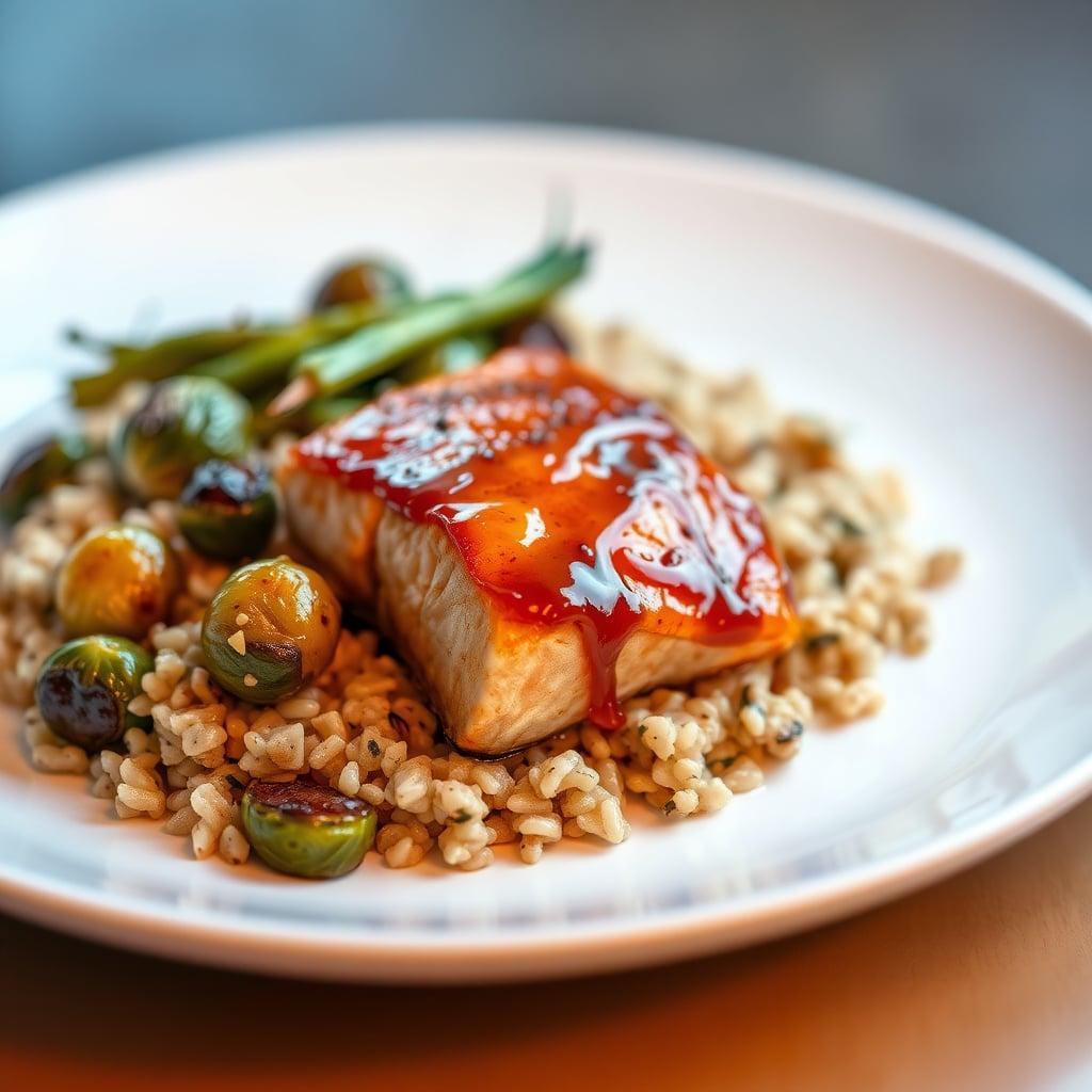 Maple-Dijon Glazed Salmon with Roasted Brussels Sprouts and Wild Rice Pilaf Maple-Dijon Glazed Salmon with Roasted Brussels Sprouts and Wild Rice Pilaf