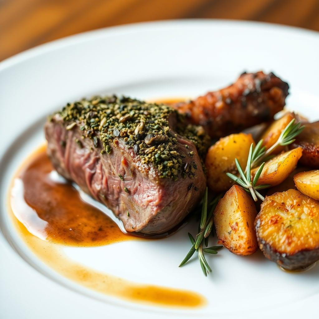 Herb-Crusted Sirloin Cap Roast with Mushroom Pan Sauce and Crispy Rosemary Potatoes Herb-Crusted Sirloin Cap Roast with Mushroom Pan Sauce and Crispy Rosemary Potatoes
