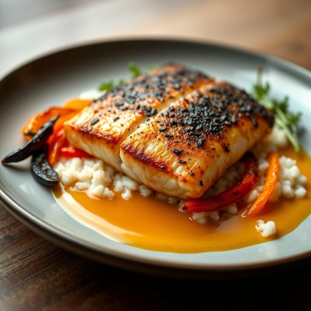 Stovetop-to-Oven Halibut with a Velvety Spicy White Wine Reduction, Fluffy Pilaf, and Charred Bell Peppers Stovetop-to-Oven Halibut with a Velvety Spicy White Wine Reduction, Fluffy Pilaf, and Charred Bell Peppers