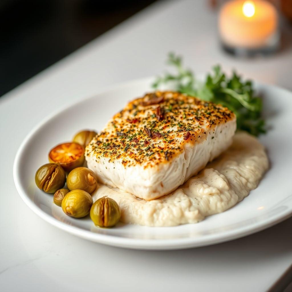 Mediterranean Herb-Crusted Cod with Lemon Roasted Brussels Sprouts and Cauliflower Mash Mediterranean Herb-Crusted Cod with Lemon Roasted Brussels Sprouts and Cauliflower Mash