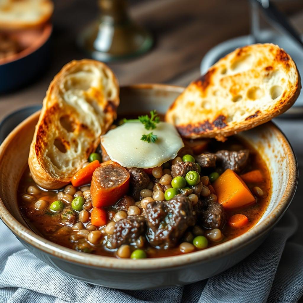 Rich Sirloin and Barley Stew with Root Vegetables and Crusty Gruyère Toasts Rich Sirloin and Barley Stew with Root Vegetables and Crusty Gruyère Toasts